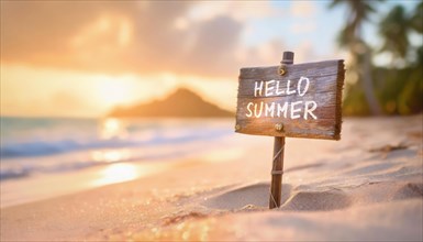 Hello summer wooden banner stuck in the sand on an exotic beach. Ocean vacation, tropical holiday