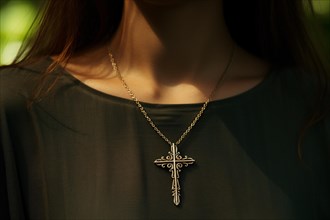 Close up of religious christian cross necklace around woman's neck. KI generiert, generiert AI