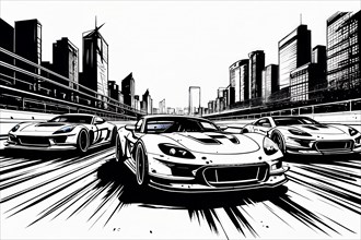 Sport cars on race track in the city, black and white line art, AI generated