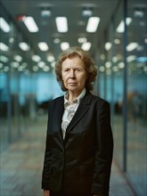 A senior woman in professional clothing stands with a serious expression in a corporate hallway, AI