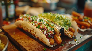 Two hot dogs topped with guacamole and pico de gallo on a rustic wooden board, ai generated, AI