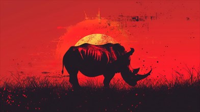 Silhouette of a rhinoceros with a red backdrop and paint splatter effects, ai generated, AI