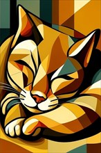 Vibrant cubist artwork of a cat with abstract colorful patterns, vertical aspect, AI generated