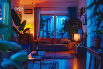 A modern living room lit by neon lights creates a stylish evening atmosphere, AI generated