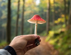 A hand holding a red toadstool in an autumn forest with a blurred background, AI generated, AI