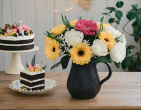 A vase full of flowers next to delicious-looking cakes on a white tablecloth, AI generated, AI