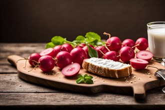 Obatzda radiating its rich creaminess paired with crisp radishes and rustic bavarian bread, AI