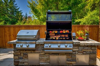 Outdoor stone barbecue grill fully loaded with steaks on a sunny day, AI generated