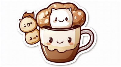 A whimsical hot chocolate cup with smiling cartoon cats in the milk foam, ai generated, AI