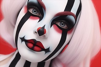 Woman's face with black and white Halloween or Carnival pierrot clown makeup in red background. KI