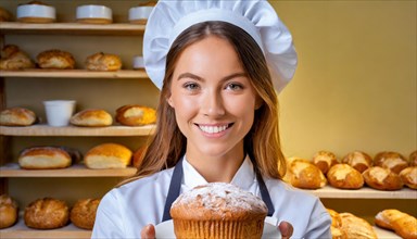 Ai generated, woman, 20, 25, years, shows, bakery, bakery shop, cake, female baker