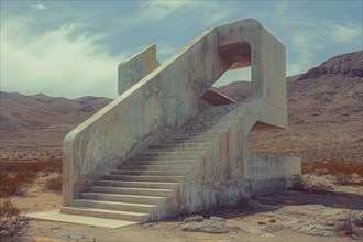 Unique architectural concrete structure with stairs in a desert setting under a blue sky, AI