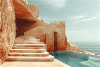 Stairway with Mediterranean architectural elements by the seaside evoking tranquility, AI generated