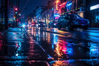 Night street scene of a street in a city, neon lights, neon signs and headlights reflected on the