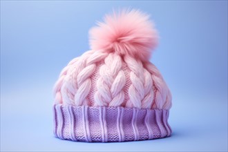 Pink and purple knitted winter hat with pompom on pastel blue background. KI generiert, generiert