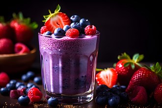 Berry smoothie boasting stratified blueberries strawberries raspberries capped with chia seeds, AI