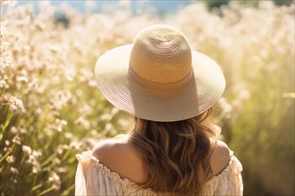Back view of woman with summer dress and straw hat in front of flower field. KI generiert,