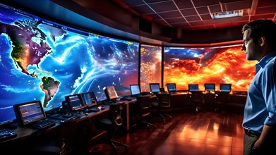 Meteorologist immersed in analyzing hurricane trajectories on a mosaic of digital screens, AI