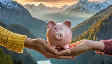 Hands holding a piggy bank in front of a picturesque mountain backdrop at sunset, AI generated, AI
