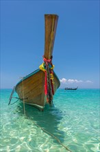Longtail boat, fishing boat, wooden boat, decorated, tradition, traditional, faith, cloth,