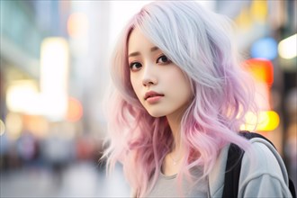 Young Asian woman with pastel colored pink and violet hair with blurry street in background.