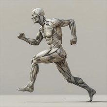 Monochrome anatomical model of a walking human with detailed view of the muscle structure, AI