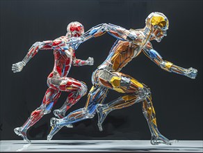 Transparent anatomical models in different colours show muscles while running, AI generated, AI