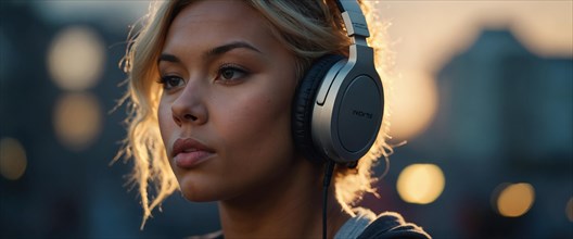 Profile of a thoughtful blonde woman with headphones against a cityscape at sunset, bokeh blurred