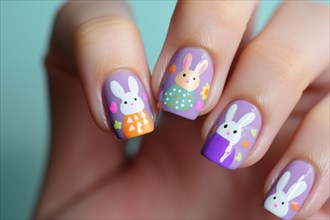 Woman's fingernails with cute seasonal Easter nail art design with bunnies. KI generiert, generiert