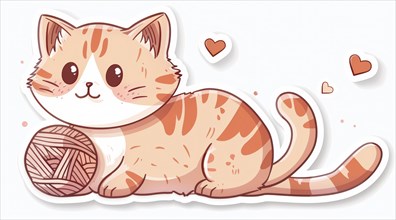 A playful orange cartoon cat sticker with yarn and small hearts around it, ai generated, AI