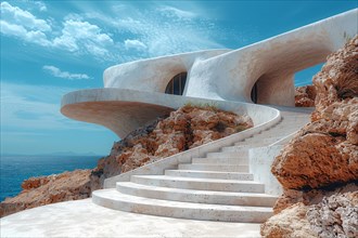 Futuristic building with organic shapes overlooking the sea under a clear blue sky, AI generated