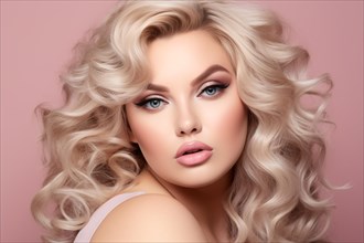 Beauty shot of pretty curvy model with round face, long wavy blond hair and glamour makeup on pink