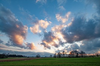 Atmospheric sunset with cloudy sky and trees and fields in the foreground, Swabia, Bavaria,