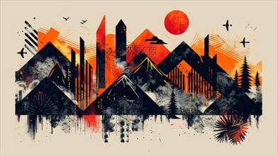 Stylized vibrant abstract of a cityscape with mountains and sunset in the backdrop, ai generated,