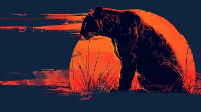 Silhouetted rodent against an orange-hued sunset background in a painting style, ai generated, AI