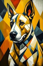 Modern portrait of a dobermann dog with geometric design and prominent yellow tones, vertical