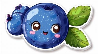Cartoon illustration of a cute, smiling anthropomorphic blueberry with shiny appearance and leaves,