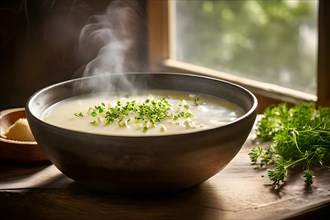 Bowl of kartoffelsuppe steam rising invitingly freshly, AI generated