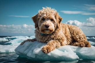 Curly-haired cute puppy lagooto dog attentively observing its surroundings on an ice floe, alone