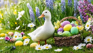 Ai generated, An Easter basket with coloured eggs in a meadow with colourful flowers, in the