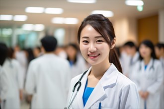 Young Asian doctor with blurry staff at clinic. KI generiert, generiert AI generated