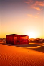 Architectural minimalism capturing glass walls, building between sand dunes, AI generated