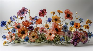 Colorful floral sculptures spread out in a horizontal display, ai generated, AI generated