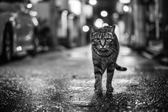 A domestic cat walks on a street, in a city, AI generated, AI generated, AI generated