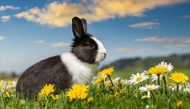 KI generated, A black and white dwarf rabbit in a meadow with white and yellow flowers, spring,