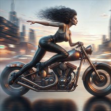 An artistic version of a brunette fit woman racing through a city on a custom motorcycle with her