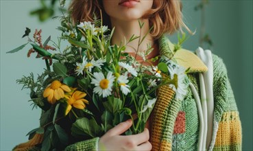 Youthful individual wrapped in knitwear and holding colorful flowers AI generated