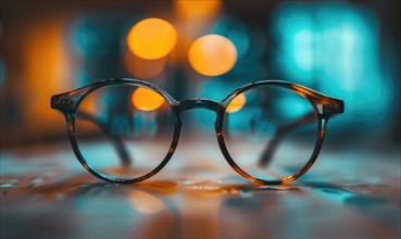 Round eyeglasses on a table with soft bokeh lights in the background AI generated