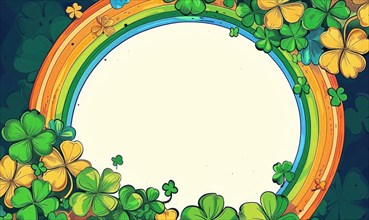 Vintage style circular rainbow frame with colorful shamrocks on a black background AI generated