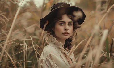 Woman in vintage attire and hat, standing in a field with a nostalgic autumn mood AI generated